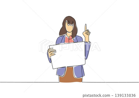 Continuous line drawing of young businesswoman holding board and pointing up for idea concept. Suits for startup pitch, brainstorming session, motivational poster, business presentation and campaign 139133836