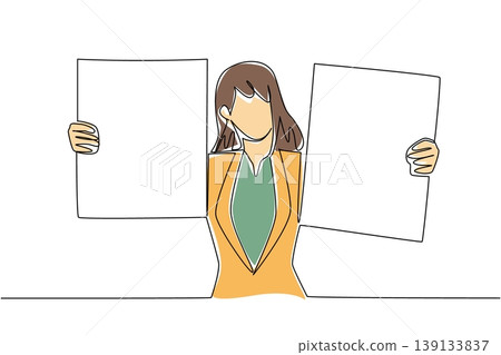 Single line drawing of beauty woman manager holding two blank boards for business comparison concept. For A B testing visual, decision making slide, product option display, and survey result layout 139133837