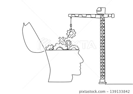 One line drawing showing large construction crane lowering gear into giant human head to maintenance knowledge and mind. Business concept is suitable for corporate strategy report or project manual One line drawing showing large construction crane lowering gear into giant human head to maintenance knowledge and mind. Business concept is suitable for corporate strategy report or project manual 139133842
