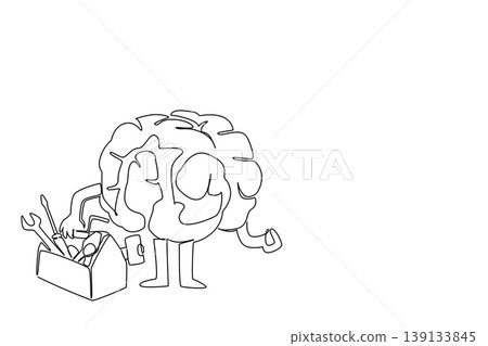 One line drawing of medical science concept depicting human brain holding toolbox for healthcare business presentations. Artwork symbolizes problem solving and mental resourcefulness for employees One line drawing of medical science concept depicting human brain holding toolbox for healthcare business presentations. Artwork symbolizes problem solving and mental resourcefulness for employees 139133845