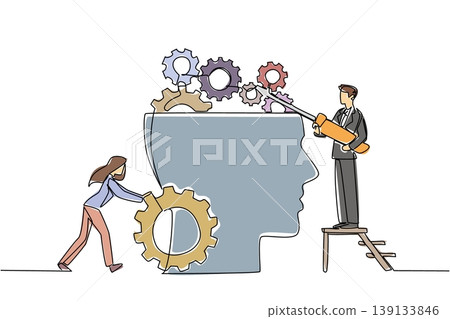 Continuous line draw of colorful professional business team repairing gear mechanisms inside big head with gear. Psychological concept for health insurance brochure or professional business proposal Continuous line draw of colorful professional business team repairing gear mechanisms inside big head with gear. Psychological concept for health insurance brochure or professional business proposal 139133846