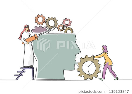 One line draw of colorful gears being fixed by Arabian man and woman in traditional modest wear. Industry concept for psychological mental poster or office wall decor focused on creative brain power 139133847