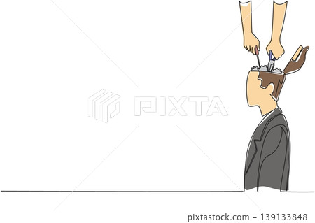 Single line drawing of colorful giant hands fixing cogs inside businessman head profile, business knowledge concept for health insurance brochure or tech presentation about artificial intelligence Single line drawing of colorful giant hands fixing cogs inside businessman head profile, business knowledge concept for health insurance brochure or tech presentation about artificial intelligence 139133848