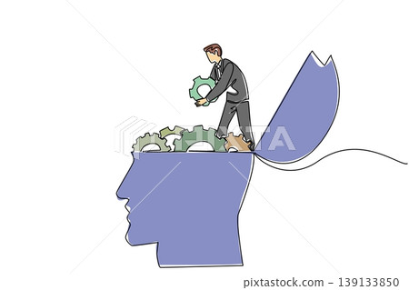 One line drawing of of colorful businessman in suit arranging gears inside an open head. Mental health concept works perfectly for psychological clinic or business proposal or corporate training slide One line drawing of of colorful businessman in suit arranging gears inside an open head. Mental health concept works perfectly for psychological clinic or business proposal or corporate training slide 139133850