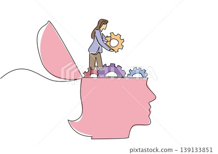 Single line drawing of young businesswoman carrying and placing gear into giant pink human head. Mental health concept is great for psychology magazine illustration or wellness blog feature image Single line drawing of young businesswoman carrying and placing gear into giant pink human head. Mental health concept is great for psychology magazine illustration or wellness blog feature image 139133851
