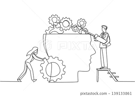 Single line drawing of businessman and businesswoman fixing gears inside large human head, representing logic concept for business presentation slide or mental health of psychological education page 139133861