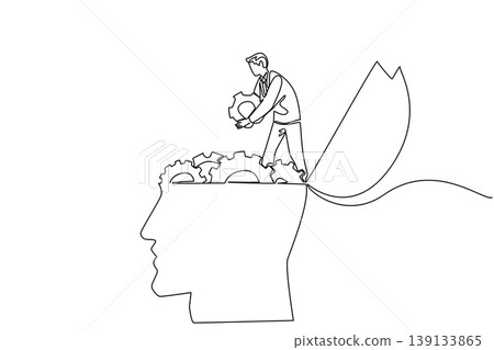 Single line drawing of professional businessman in suit carrying gears to enhance knowledge inside human giant head. Business concept is designed for corporate report or professional white paper Single line drawing of professional businessman in suit carrying gears to enhance knowledge inside human giant head. Business concept is designed for corporate report or professional white paper 139133865