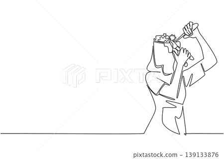 Single line drawing of beauty young woman repairing her gear thoughts with tools for wellness health concept presentation. Female figure shows a proactive approach to mental health and clarity Single line drawing of beauty young woman repairing her gear thoughts with tools for wellness health concept presentation. Female figure shows a proactive approach to mental health and clarity 139133876