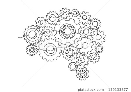 Single line draw of human brain made of gear and cogwheel, perfect for business science concept company guidebook cover. Represents mechanics of thinking and industrial purpose of human intelligence Single line draw of human brain made of gear and cogwheel, perfect for business science concept company guidebook cover. Represents mechanics of thinking and industrial purpose of human intelligence 139133877