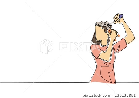 One line drawing of beautiful woman fixing her internal gears inside head for career business thought concept. Female subject represents optimization and mental clarity through self health maintenance One line drawing of beautiful woman fixing her internal gears inside head for career business thought concept. Female subject represents optimization and mental clarity through self health maintenance 139133891