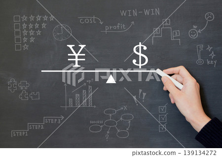 一隻男人的手在黑板上畫出日圓和美元匯率的蹺蹺板。 一隻男人的手在黑板上畫出日圓和美元匯率的蹺蹺板。 139134272