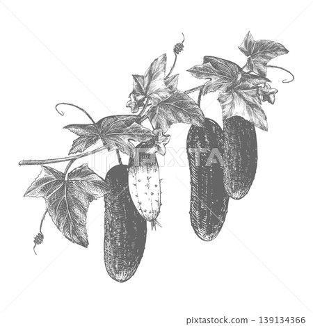 Cucumber sketch. Vector illustration of a vegetable in an engraving style. A branch with hanging whole cucumbers, leaves, flowers, and sprouts. Hand-drawn illustration for farm product packaging. Cucumber sketch. Vector illustration of a vegetable in an engraving style. A branch with hanging whole cucumbers, leaves, flowers, and sprouts. Hand-drawn illustration for farm product packaging. 139134366