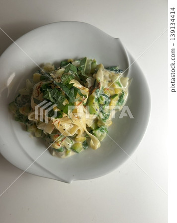 Spaghetti salad combines al dente pasta with fresh vegetables, tangy dressing, and optional herbs or cheese. A vibrant, refreshing dish perfect for light meals or gatherings. 139134414