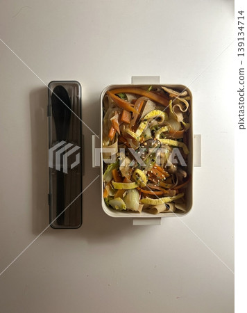 Bento or dosirak box filled with rice, assorted side dishes, vegetables, and protein like meat or fish, all neatly arranged to create a balanced, colorful, and visually appealing meal 139134714
