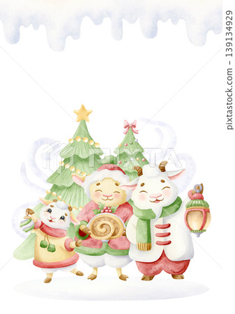 Christmas greeting card template with hand drawn animal characters. Watercolor vertical A4 or A5 print illustration with copy space. Cute cartoon lambs and goats with decorated trees, cake and snow Christmas greeting card template with hand drawn animal characters. Watercolor vertical A4 or A5 print illustration with copy space. Cute cartoon lambs and goats with decorated trees, cake and snow 139134929