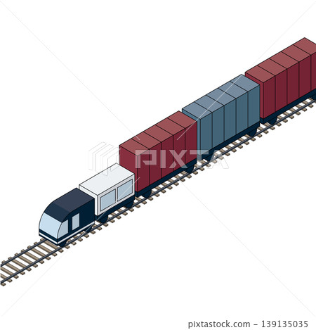 一列貨運列車在鐵軌上行駛的等距視圖。物流相關素材。 139135035
