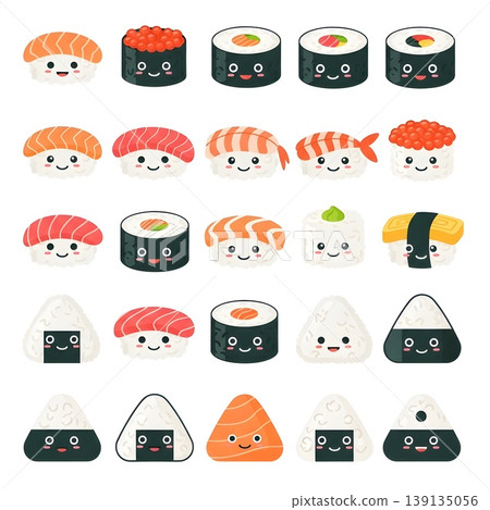 Happy Kawaii Sushi And Onigiri Food Icons Collection Happy Kawaii Sushi And Onigiri Food Icons Collection 139135056