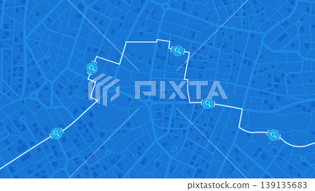 Route search on city map. Multiple location pins along the path. Detailed street grid in top view. Urban landscape with architectural elements. Vector illustration Route search on city map. Multiple location pins along the path. Detailed street grid in top view. Urban landscape with architectural elements. Vector illustration 139135683