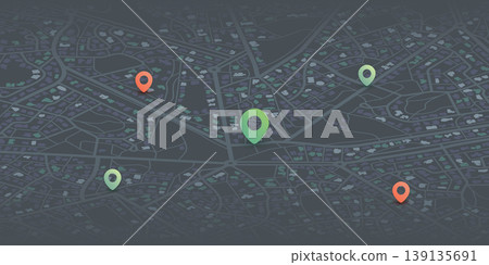 Locator position point. GPS tracking system to navigate around the city landmarks. Detailed city street map with directions to different locations. Vector illustration Locator position point. GPS tracking system to navigate around the city landmarks. Detailed city street map with directions to different locations. Vector illustration 139135691