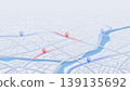 GPS navigation to pins and multiple markers on route. City map featuring directional signs, an intended goal point. Abstract plan highlights POI city streets. Vector illustration with designated route 139135692