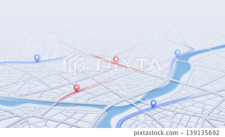 GPS navigation to pins and multiple markers on route. City map featuring directional signs, an intended goal point. Abstract plan highlights POI city streets. Vector illustration with designated route 139135692