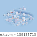 Isometric navigation on city concept. Geolocation yellow pin on street. City map with route. Tourism and travel. Transportation and logistics concept. Isolated vector illustration. 139135713