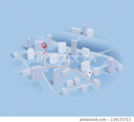Isometric navigation on city concept. Geolocation yellow pin on street. City map with route. Tourism and travel. Transportation and logistics concept. Isolated vector illustration. 139135713