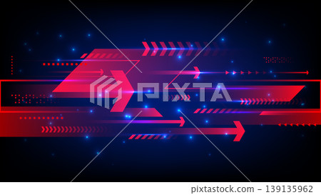 Futuristic digital background with high speed red arrows and geometric shapes racing across dark blue space with glowing light streaks, technology data transfer and internet connectivity 139135962
