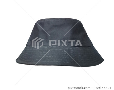 A stylish black bucket hat against a white background. A stylish black bucket hat against a white background. 139136494