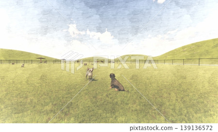 A scene of dogs playing in a spacious, green dog run, with no surrounding trees (3DCG illustration). 139136572