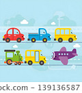 Happy Cartoon Vehicles Traveling Together On Roads And In Sky 139136587