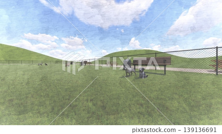 一群狗狗在寬敞的綠色狗場玩耍,周圍沒有樹木(3DCG 插圖)。 一群狗狗在寬敞的綠色狗場玩耍,周圍沒有樹木(3DCG 插圖)。 139136691