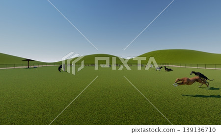 A scene of dogs playing in a spacious, green dog run, with no surrounding trees (3DCG illustration). A scene of dogs playing in a spacious, green dog run, with no surrounding trees (3DCG illustration). 139136710