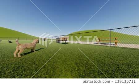 A scene of dogs playing in a spacious, green dog run, with no surrounding trees (3DCG illustration). A scene of dogs playing in a spacious, green dog run, with no surrounding trees (3DCG illustration). 139136711