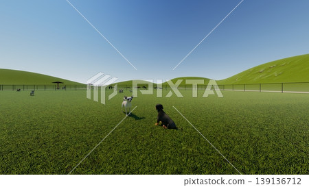 一群狗狗在寬敞的綠色狗場玩耍，周圍沒有樹木（3DCG 插圖）。 139136712
