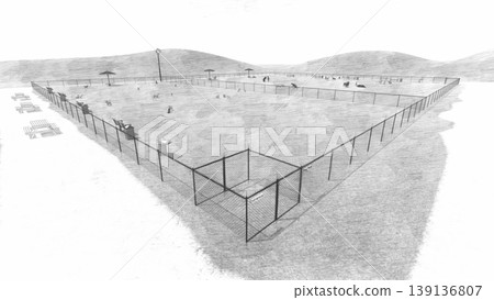 A scene of dogs playing in a spacious, green dog run, with no surrounding trees (3DCG illustration). A scene of dogs playing in a spacious, green dog run, with no surrounding trees (3DCG illustration). 139136807