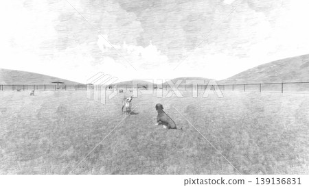 A scene of dogs playing in a spacious, green dog run, with no surrounding trees (3DCG illustration). A scene of dogs playing in a spacious, green dog run, with no surrounding trees (3DCG illustration). 139136831