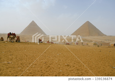 The Sphinx, the three Great Pyramids of Giza, and camels - Egypt The Sphinx, the three Great Pyramids of Giza, and camels - Egypt 139136874