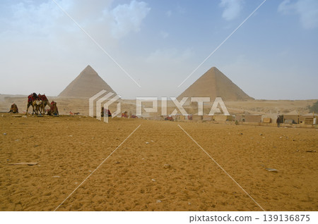 The Sphinx, the three Great Pyramids of Giza, and camels - Egypt The Sphinx, the three Great Pyramids of Giza, and camels - Egypt 139136875