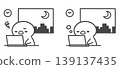一組手繪線條藝術插圖，描繪了一隻加班後疲憊不堪、昏昏欲睡的小雞。 139137435