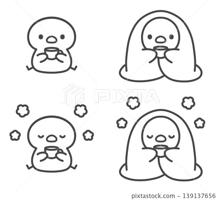 一組手繪線條藝術插圖，描繪了小雞放鬆休息的場景。 139137656