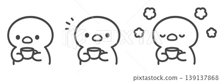 一組手繪線條藝術插圖，描繪的是小雞拿著杯子。 139137868
