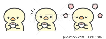 A set of hand-drawn illustrations of chicks holding cups. A set of hand-drawn illustrations of chicks holding cups. 139137869