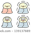 一組手繪插圖，描繪的是裹在毯子裡的小雞。 139137889