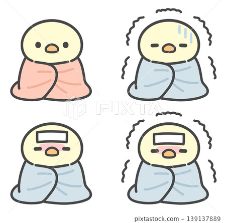 A set of hand-drawn illustrations of chicks wrapped in blankets. A set of hand-drawn illustrations of chicks wrapped in blankets. 139137889