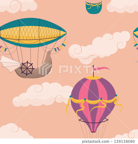 Seamless cartoon pattern with hot air balloons and cumulus clouds on pink sky background 139138080