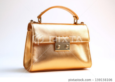 Gold color leather bag and metal golden hardware details isolated white background. Fashionable luxury female accessory. Simple shape design. Golden woman Handbag designed classic style. Shiny clasp Gold color leather bag and metal golden hardware details isolated white background. Fashionable luxury female accessory. Simple shape design. Golden woman Handbag designed classic style. Shiny clasp 139138106