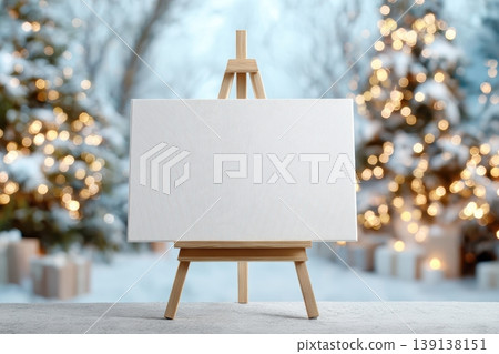 Blank white canvas easel mock-up in a Christmas winter bokeh background. Close-up art board template. Snowy Xmas tree and golden lights. Painting placard clear desk border mockup. Sign outdoor display Blank white canvas easel mock-up in a Christmas winter bokeh background. Close-up art board template. Snowy Xmas tree and golden lights. Painting placard clear desk border mockup. Sign outdoor display 139138151