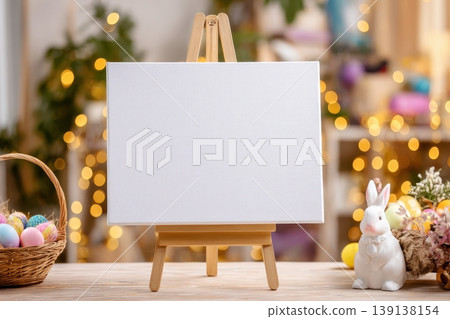 Blank white welcome sign on an easel for a modern mockup. Easter template with colorful eggs in the nest basket and cute bunny. Spring holidays concept. Stylish border. Happy Easter. Greeting card Blank white welcome sign on an easel for a modern mockup. Easter template with colorful eggs in the nest basket and cute bunny. Spring holidays concept. Stylish border. Happy Easter. Greeting card 139138154