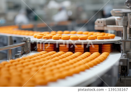 Biscuits on automatic conveyor belt at factory. Cakes process of baking in confectionery culinary plant. Food industry, cookie sweet breadstuff production. Modern line for Biscuit bakery cookies. Biscuits on automatic conveyor belt at factory. Cakes process of baking in confectionery culinary plant. Food industry, cookie sweet breadstuff production. Modern line for Biscuit bakery cookies. 139138167